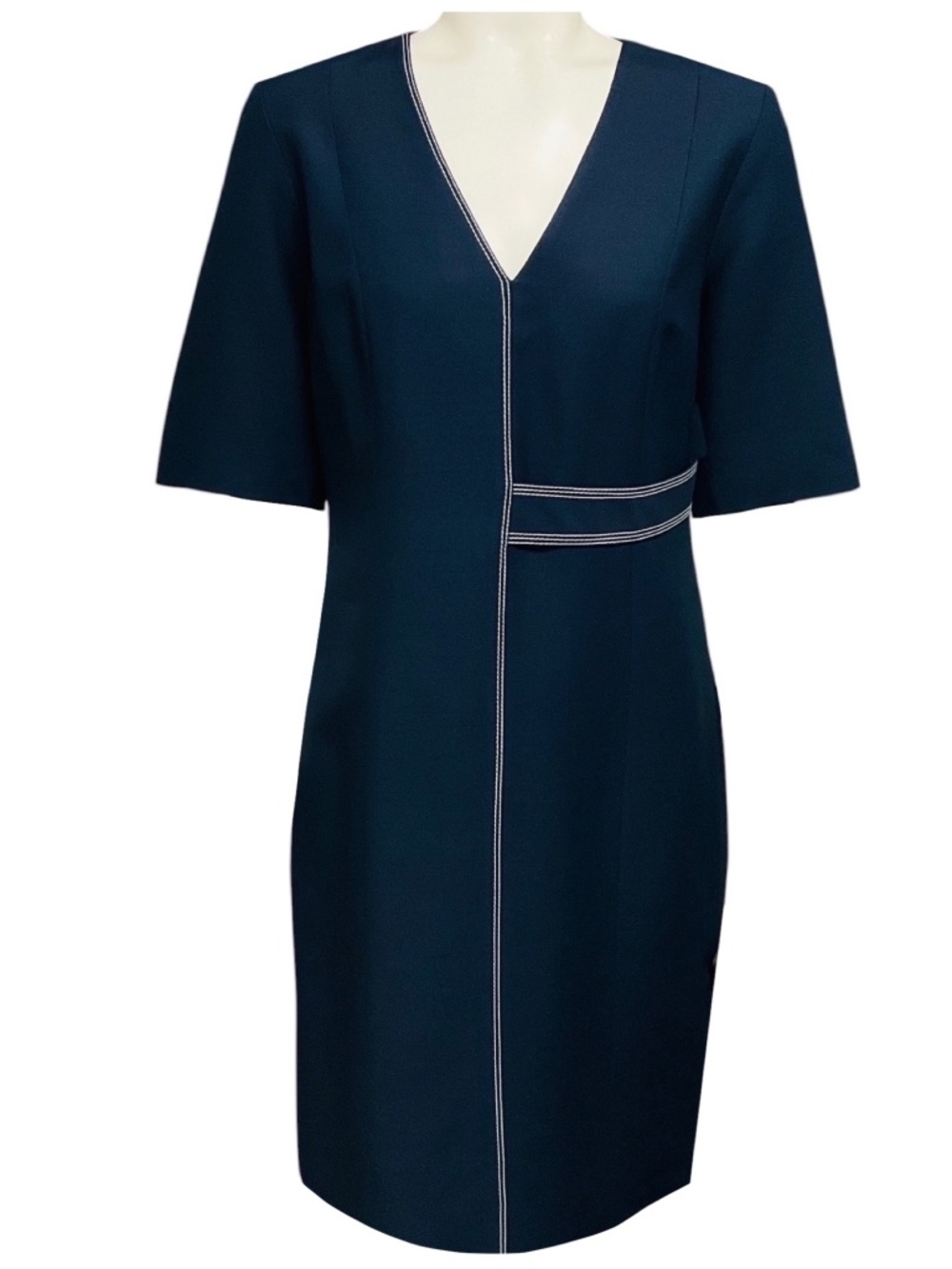 PARTOW NAVY BLUE / WHITE CONTRAST STITCHING SHORT SLEEVED V-NECK MIDI DRESS